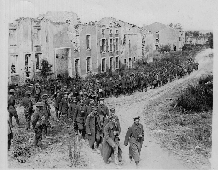 German prisoners going to American railroad trains